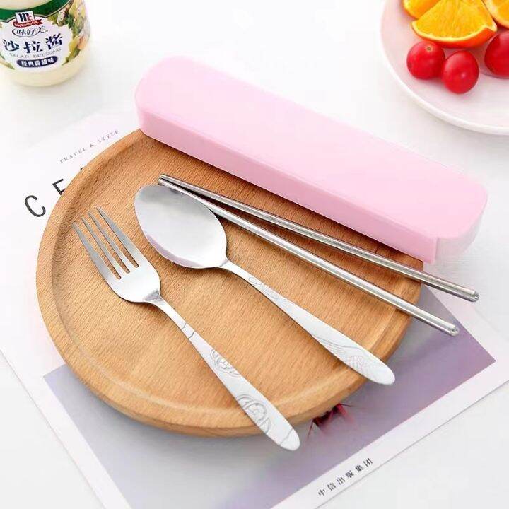 ในสต็อก-จัดส่ง-3-วัน-stainless-steel-portable-cutlery-floor-push-gift-set-three-piece-spoon-fork-chopsticks-outdoor-trip