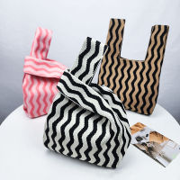 Japanese Handbag Reusable Handmade Stripe Student Tote Shopping Knit Wide Handmade Handbag Tote Bag Knot Wrist Bag