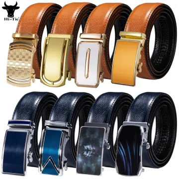 Hi-Tie Navy Blue Brown Black Burgundy Leather Mens Belts Automatic