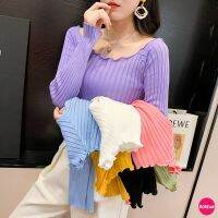 ?Korean Fashion?เสื้อแขนยาว ผ้าไหมพรมร่อง คอกว้าง ขอบย่น 8 สี ใส่เป็นปาดไหล่ได้