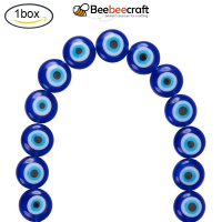 Beebeecraft 1 Box Handmade Evil Eye Lampwork Beads Strands, Flat Round, Blue, 10x4mm, Hole: 1mm, 38pcs/strand, 14.1 inch~14.5 inch, 1strand/box