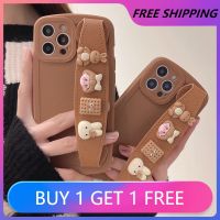 ♤ 3D Rabbit Girl Biscuits Wristband Holder Phone Case For Iphone 13 12 11 Pro Max X XS XR 7 8 Plus Soft Silicon Matte Back Cover