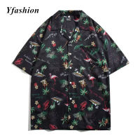 Yfashion เสื้อยืดแขนสั้นมีปกสำหรับผู้ชาย,เสื้อคาร์ดิแกนทรงหลวมเสื้อเชิ้ตชายหาดพิมพ์ลายดอกไม้สไตล์ฮาวายย้อนยุคมีในสต็อกขาตั้งกล้อง