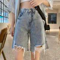 Summer 2022 New Net Red Ripped Denim Shorts Womens High-Waisted Wide-Leg Mid-Pants Thin Section Loose Five-Point Pants Trendy