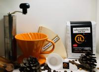 แก้วดริปเซรามิค สีส้ม+เครื่องบดกาแฟมือหมุน+กระดาษกรอง+ช้อนตวงกาแฟ+เมล็ดกาแฟคั่วเข้ม 250 g.