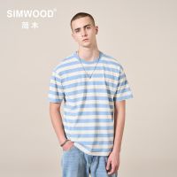 SIMWOOD เสื้อยืดลายทางสีน้ำเงินขนาดใหญ่2023ฤดูร้อนเสื้อเบรตั้น100เสื้อยืดผ้าฝ้าย Plus Saiz Lelaki Surat Sulaman