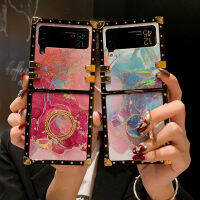 เคสโทรศัพท์แบบแข็งมีห่วงยึดเพชรเทียมสี่เหลี่ยมสำหรับ Samsung Galaxy Z Flip 4 3 5G ฝาแป้งกลิตเตอร์วิบวับหินอ่อนสีสันสดใส SiChuanZhiChengMao