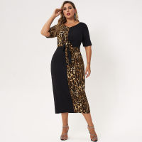 New Summer Long Dress Women  Plus Size Black V-neck Short Sleeves Splicing Leopard Printing A-line Loose Casual Maxi Dresses