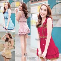 SS13421 Dress เดรส แขนกุด สายเดี่ยวระบาย ผูกโบว์ไหล่ กระโปรงต่อชายระบายติดดอก