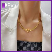 PETI JEWELLERY แฟนสาวสาว สไตล์ลำลอง กันน้ำกันน้ำได้ เหล็กไร้สนิม ห่วงโซ่หัวใจ โซ่เชื่อมโยงคิวบา สร้อยคอสำหรับผู้หญิง จี้สร้อยคอ