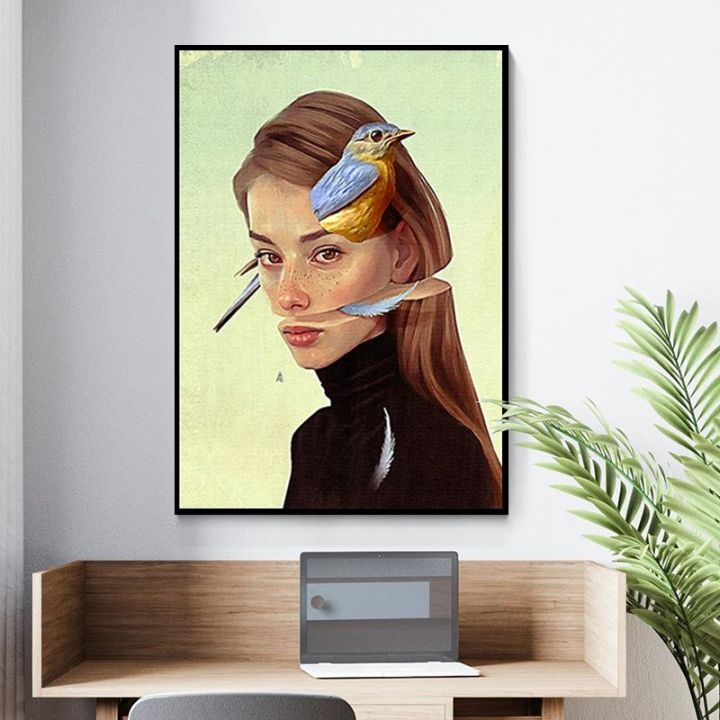 creative-anime-alien-girl-canvas-painting-bird-leaf-flowers-butterfly-poster-print-wall-art-for-living-room-girl-room-home-decor