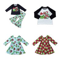 Exclusive Girlymax Sibling Christmas Baby Girls Boys Twirl Dress Bell-bottoms Pants Set Cotton Top Raglans Kids Clothing