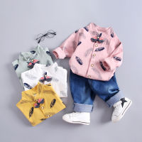 Baby clothes spring autumn childrens clothing set baby boy feather print shirt jean 2 pieces fashion casual sports suit for boy