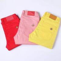 Classic Style Mens Red yellow pink Jeans Fashion Business Casual Straight Denim Stretch Trousers Male Brand Pants