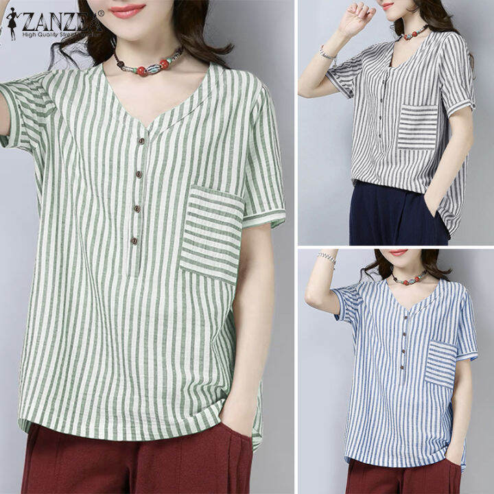 สินค้ามาใหม่-จัดส่งฟรี-fancystyle-zanzea-เสื้อกระดุมวินเทจด้านหน้าของผู้หญิงหลวมพิมพ์ลายทางเสื้อคอวี-8