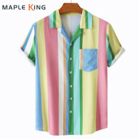 เสื้อฮาวายผู้ชายลาย Rainbow Multicolor พิมพ์แขนสั้นผ้าไหมน้ำแข็ง Cuban Collar หลวมเสื้อคู่เสื้อผ้า Streetwear