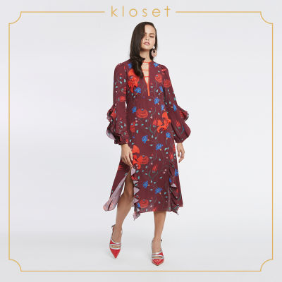 Kloset Printed Midi Dress (AW18-D014) เสื้อผ้าแฟชั่น เสื้อผ้าผู้หญิง เดรสแฟชั่น เดรสผ้าพิมพ์