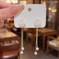 ? เครื่องประดับ 925 silver needle long tassels pearl earring female ins tide luxury niche joker temperament camellia stud earrings earrings