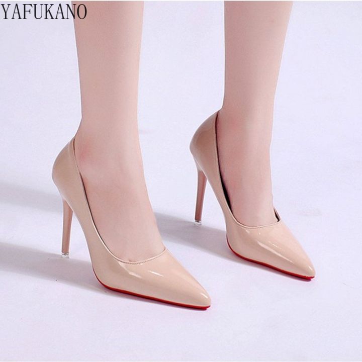 รองเท้าส้นเข็มผู้หญิง-รองเท้าส้นรองเท้าส้นสูงสีดำแฟชั่นหนังที่ลื่นมันวาวสีขาวสีชมพูรองเท้าแต่งงานผู้หญิงส้นเข็มสีแดง42-43
