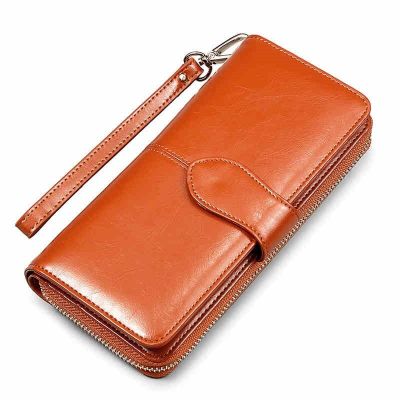 Hot selling women wallet korean American style oil wax wallets zipper note clip women card package mobile phone women clutch