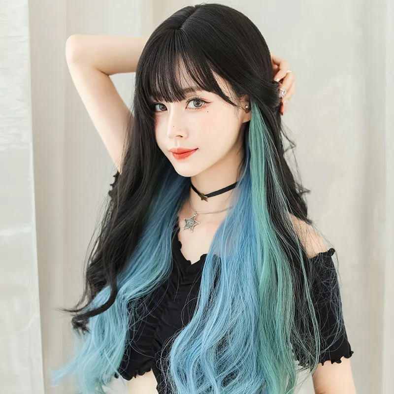 TSE Long Curly Hair Wig With Air Straight Bangs Lake Blue Highlights 68cm  Korean Style C-0320 | Lazada PH