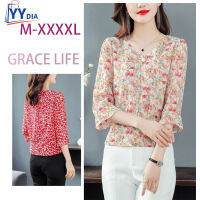 YYDIA ผู้หญิงเสื้อยืดฤดูร้อนใหม่ชีฟองสบาย Grace Floral Plus ขนาดหลวมเสื้อยืด Lady สไตล์ผู้หญิงแฟชั่น Trumpt แขนเสื้อผู้หญิงเสื้อ