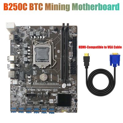 B250C Mining Motherboard with -Compatible to VGA Cable 12 PCIE to USB3.0 GPU Slot LGA1151 Support DDR4 RAM for BTC