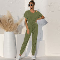 Elegant Short Sleeve V-neck Lace Up Jumpsuit Women Summer Solid Hollow Out Backless Casual Slim Overalls Office Lady Long Romper