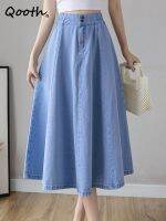 【CW】 Qooth Elastic Waist Mid length Denim Skirt Large QT1703