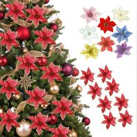 5/10PCs Christmas Decorations Glitter Artificial Flowers Xmas Tree Decor for Home Party 2022 New Year Ornaments Gift