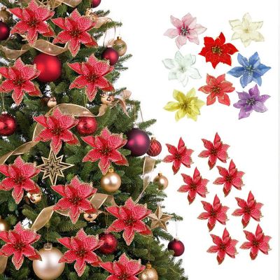 （A SHACK） 5/10PCsDecorations Glitter ดอกไม้ประดิษฐ์ Xmas Tree Decor สำหรับ Home Party 2022เครื่องประดับปีใหม่ Gift