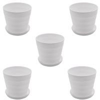 5X Plastic Round Flower Plant Pot Planter Holder with Tray Home Office Garden Decor White