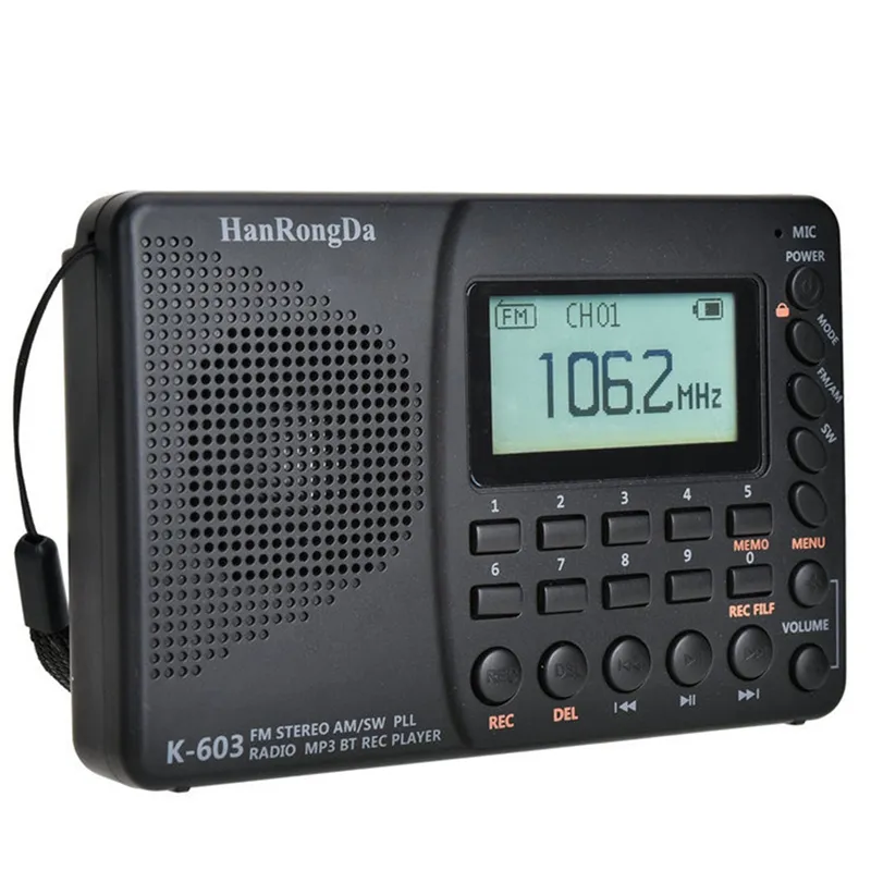 HanRongDa K-603 Full Band Radio Bluetooth FM AM SW Portable Pocket Radios  MP3 Digital REC Recorder Support Micro-SD Card 