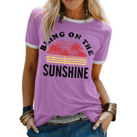 New Womens T-Shirt Bring On The Sunshine Letter Print Top Tees O Neck Short Sleeve Casual T Shirt