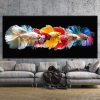 Luyameishop สีสัน Betta Fish ภาพวาดผ้าใบบทคัดย่อหลายสี Wall Art Rainbow Fish โปสเตอร์สำหรับตกแต่งห้องนั่งเล่น