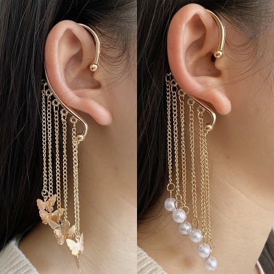 Korean Style Tassel Butterfly Ear Clips Without Piercing for Women Pearl ear cuff Clip Earrings Wedding Party Jewelry Gifts