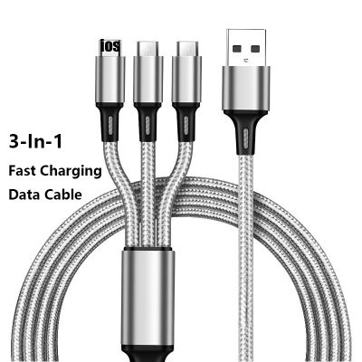 3 In 1 Copper Core Nylon Braided Data Cable Anti Stretch Multi Port 2a Fast Charge Mobile Phone Charging Cable Phone Parts