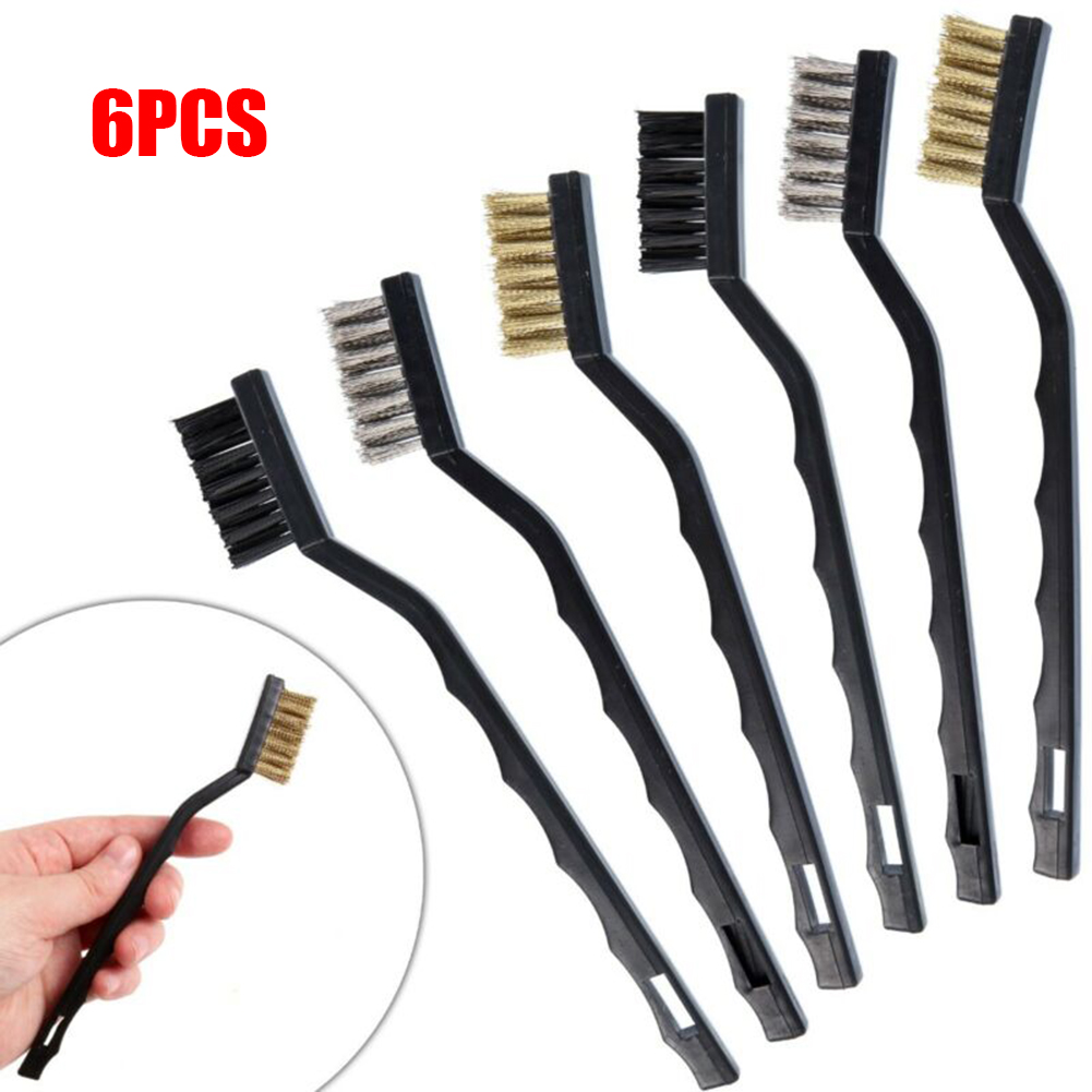 6Pc WIRE BRUSH SET Small Long Steel Brass Nylon Metal Rust Paint Remover Cleaner 