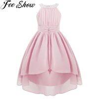 【Ladies shop】 KidsRhinestone ลูกปัดชีฟอง Girlhalter แขนกุดจีบเอวกึ่งคงที่ Hemfor ปาร์ตี้วันเกิด