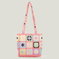 Hand Beaded Tote Bag for Women Colored Pearl Handbags Summer Checkered Weaving Shoulder Bag Bohemia Beach Vacation Underarm Bags