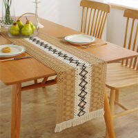 1pcs Elegant Natural Color Woven Color Matching Tassel Table Runner Striped Diamond Lattice Table Bucket Cabinet Decoration Dining Tablecloth For Wedding Home