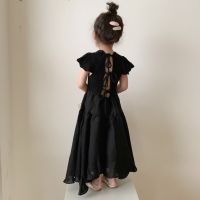 Children Clothing Dress 2023 Korean Style Spring Summer Sweet Style Girls Princess Lace Up Backless Casual Simple Black Dress  by Hs2023