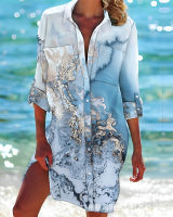 Marble Print Roll Up Sleeve Pocket Design Shirt Dress Women Spring Summer MIni Shirt Dress Single Breasted Button