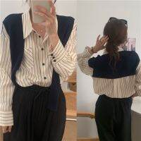 ۩✲✐ 57064 Korean Simple Striped Shawl Fake Two-Piece Long-Sleeved Shirt 3 Colors