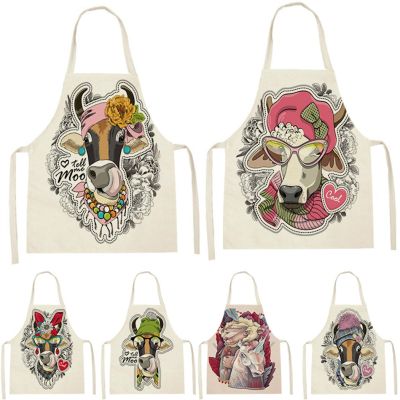 Cartoon Animal Style Apron Sleeveless Cotton Linen Aprons For Kids Cattle Pattern Home Cooking Pinafore Home Custom Aprons Bib