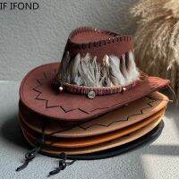 Cappello Da Cowboy Occidentale Per Uomo Donna รองเท้าหนังนิ่มสุภาพบุรุษวินเทจหมวกสไตล์แจ๊สขนนกตกแต่งแฟชั่น Berretto Da Viaggio