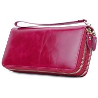 Bfhn กระเป๋าสตางค์มีซิปคู่สำหรับผู้หญิงกระเป๋าใส่เงินหนังแท้กระเป๋าถือยาวมีช่องใส่สามารถจุบัตรได้มาก