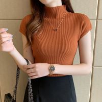 Turtleneck T-shirts Summer Women Slim Short Sleeve Tops Female Ribbed Tees Skinny Knitted Solid Tshirt