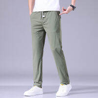 Summer Ice Silk Casual Pants Mens Thin Elastic Waist Stretch Trousers Lightly Mature Straight Slim Fit Draping Effect Mens Pants