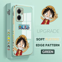 เคสสำหรับ Xiaomi Redmi 10 ,Redmi 10 5G ,Redmi 9ฟรีสายคล้อง + การ์ตูน Luffy ขอบสี่เหลี่ยมชุบหรูหราเคสโทรศัพท์นิ่ม